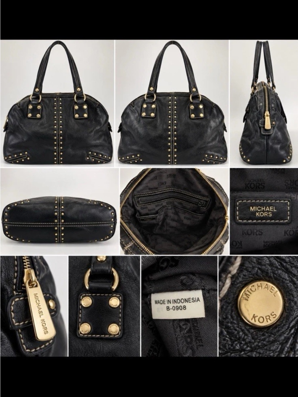 Michael Kors Black Leather Studded Shoulder Bag with Gold Hardware